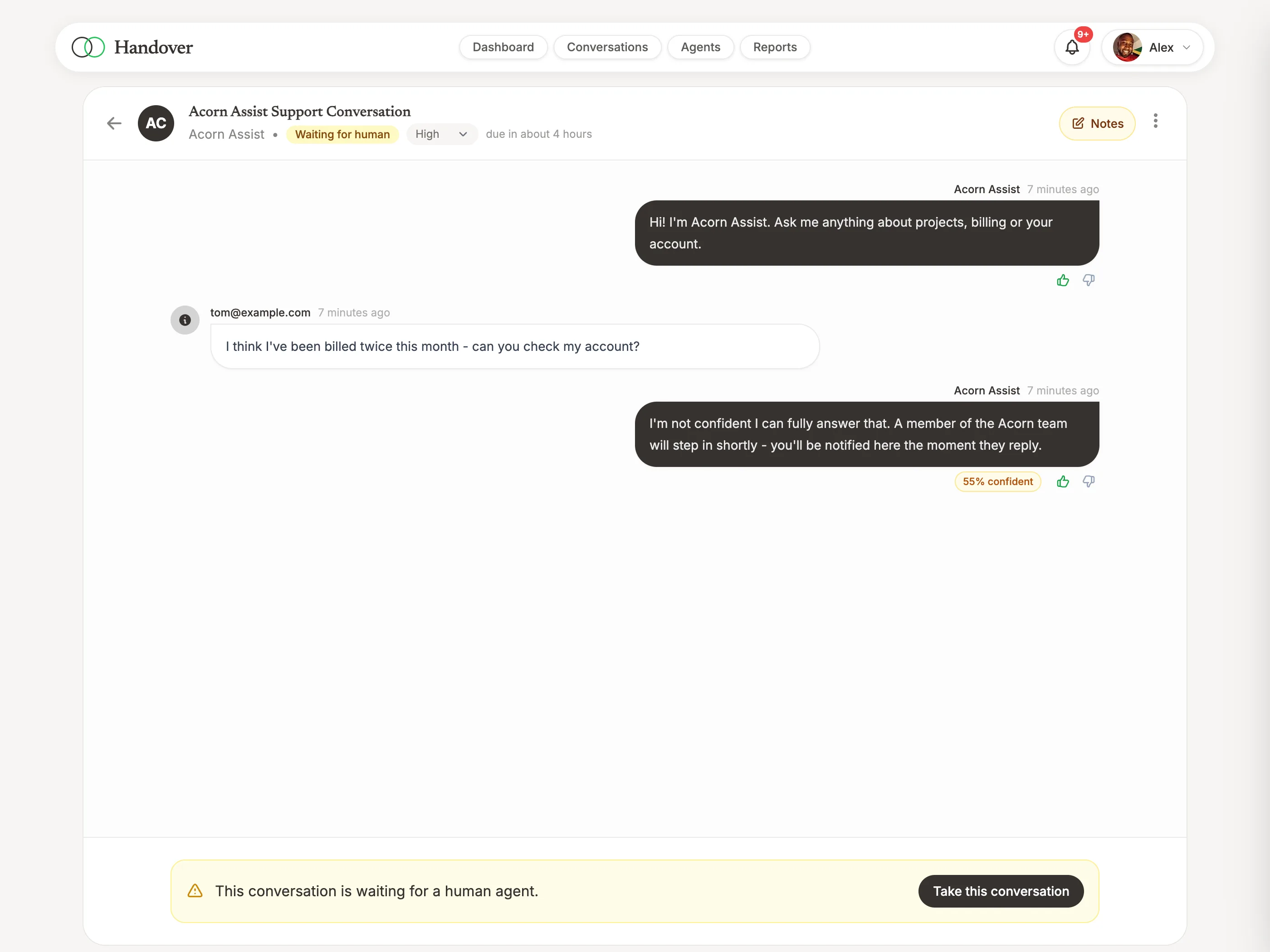 A conversation where the AI reports 34% confidence and hands over to a human with a response time countdown