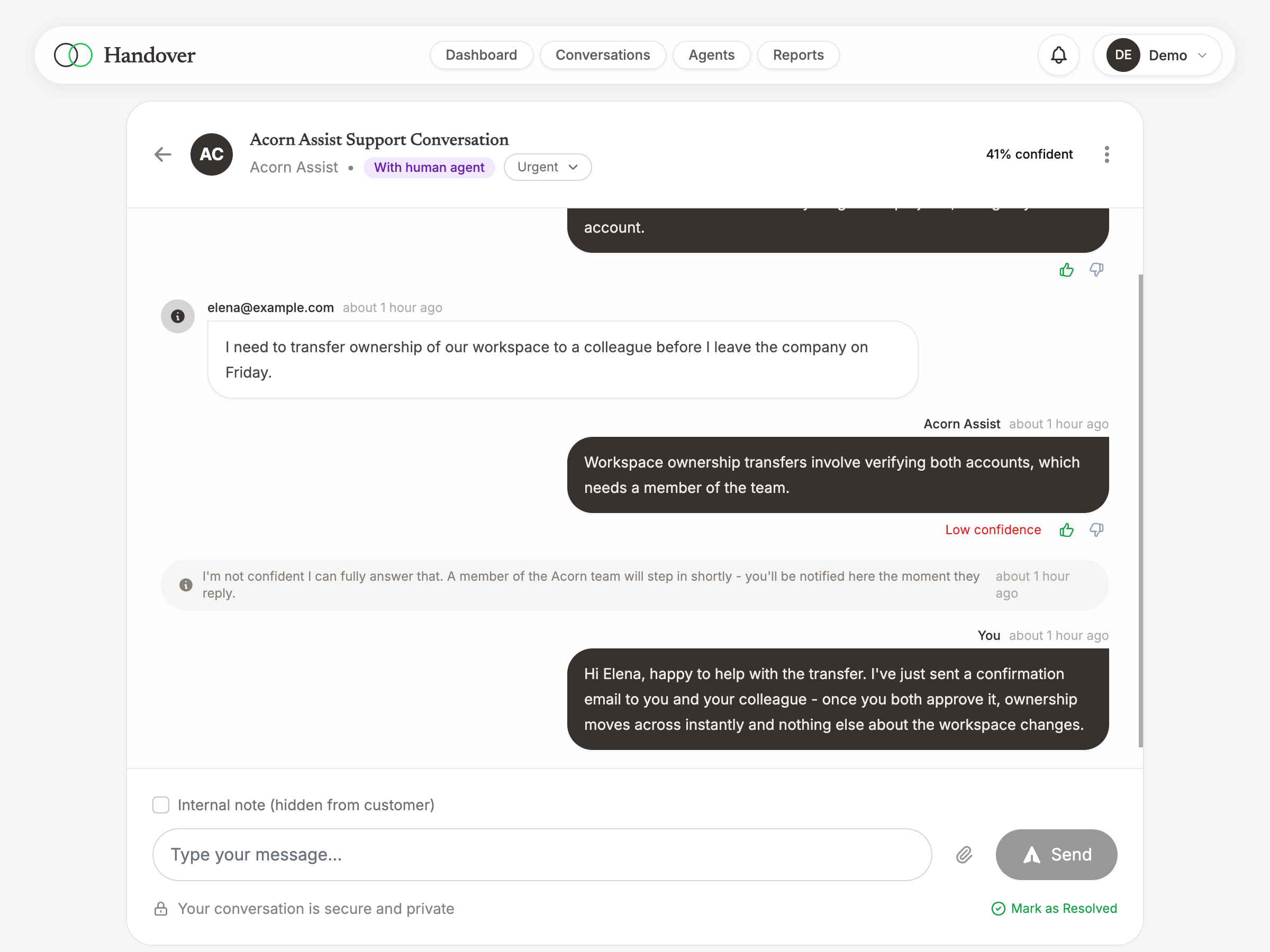 A team member replying in a conversation the AI handed over, with confidence shown on each answer