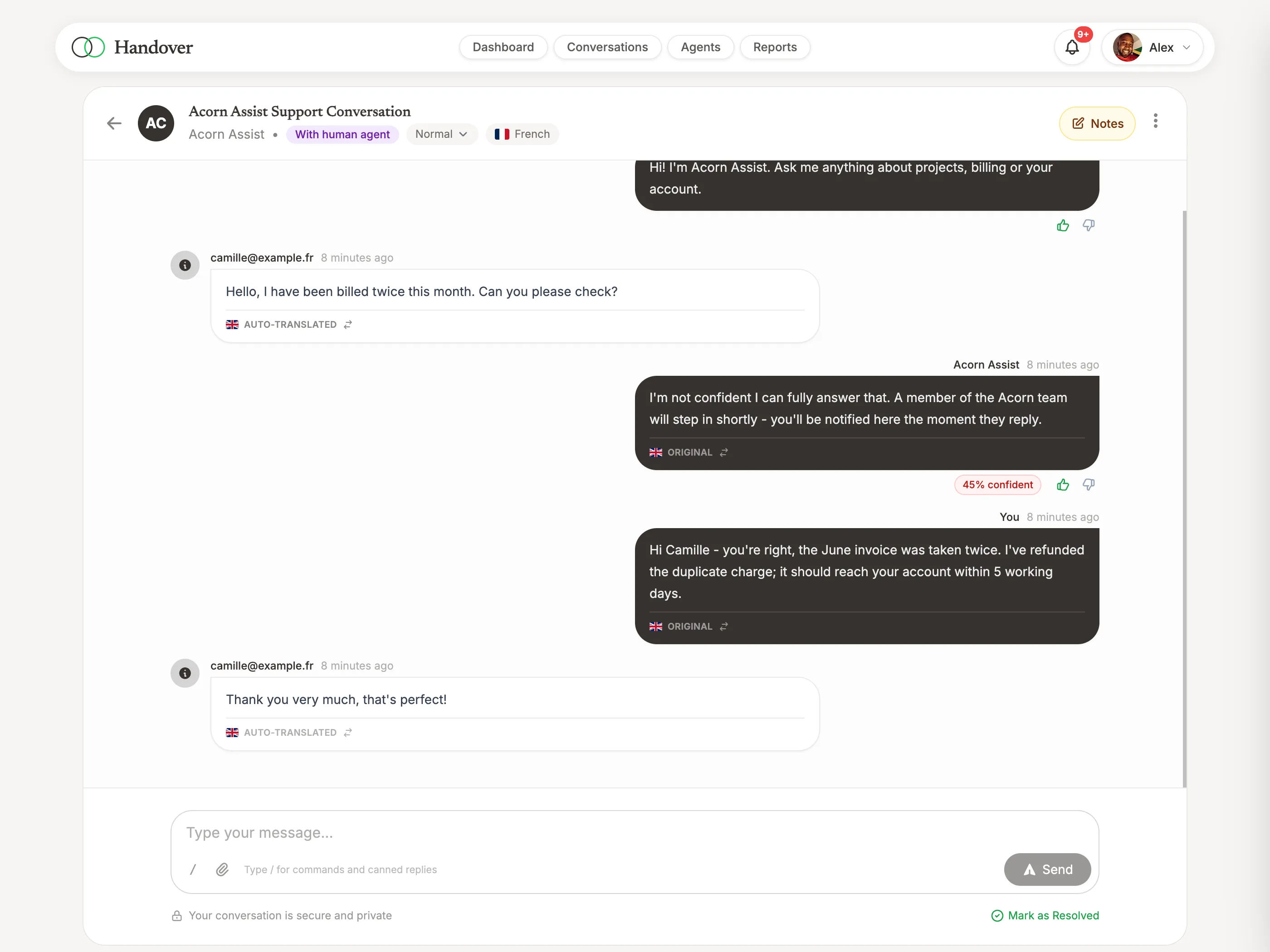 A team member replying in a handed-over conversation, with the customer's French messages auto-translated to English